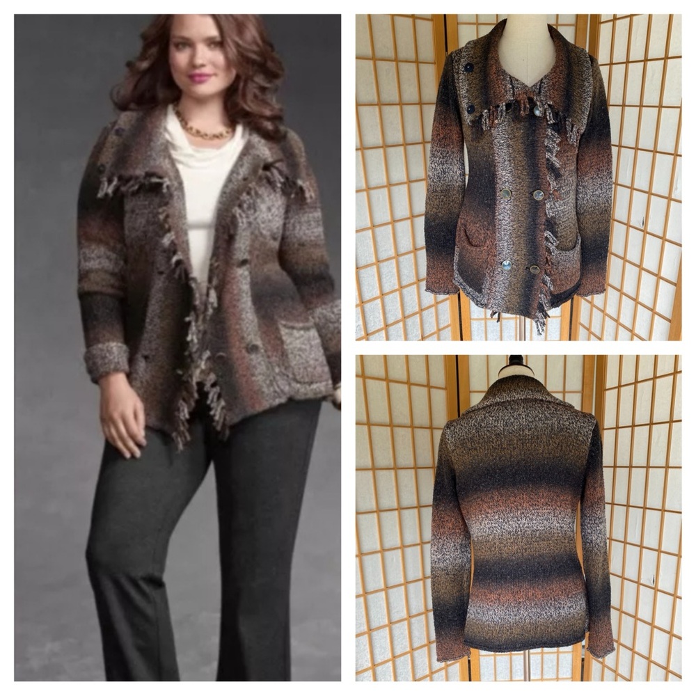 CAbi Frontier Fringe Ombré Black/Brown Double Breasted Knit Sweater Cardigan S